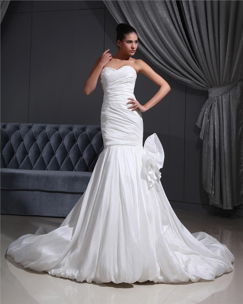 Taffeta Pleated Applique Sweetheart Cathedral Train Mermaid Wedding Dress