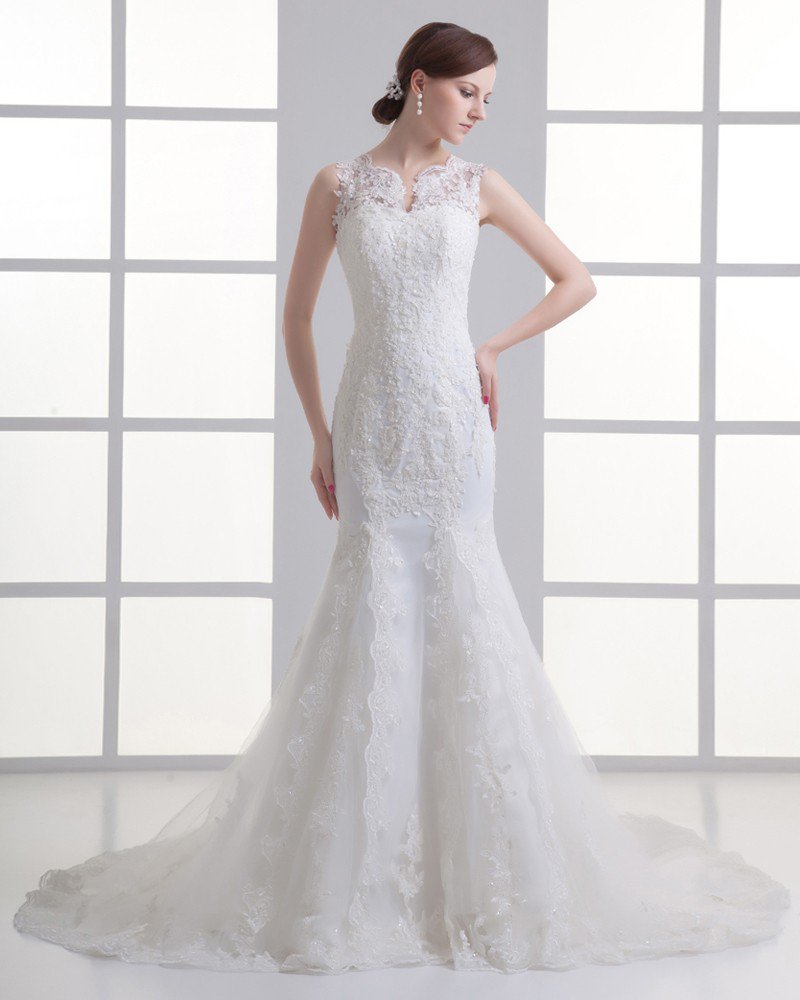 Tulle Beading Applique V Neck Court Train Mermaid Wedding Dress