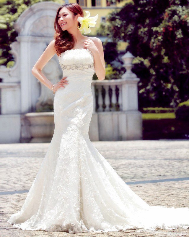 Satin Lace Beading Flower Ruffle Strapless Court Train Mermaid Wedding Dress
