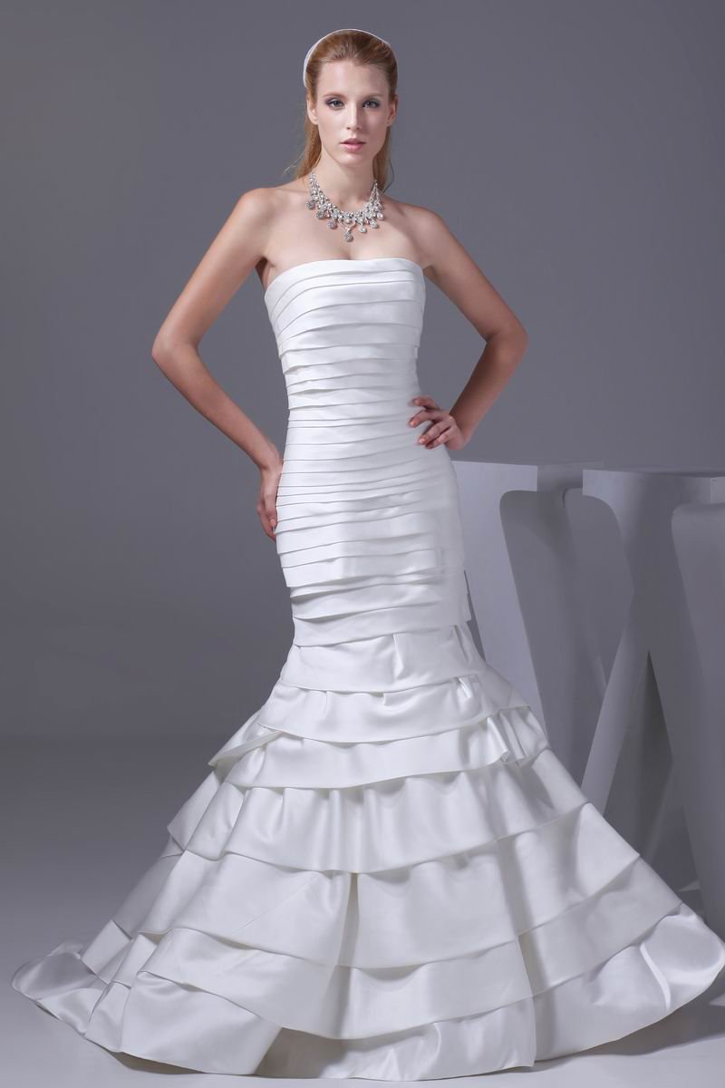 Fashion Satin Silk Pleated Strapless Floor Length Mermaid Wedding Dress