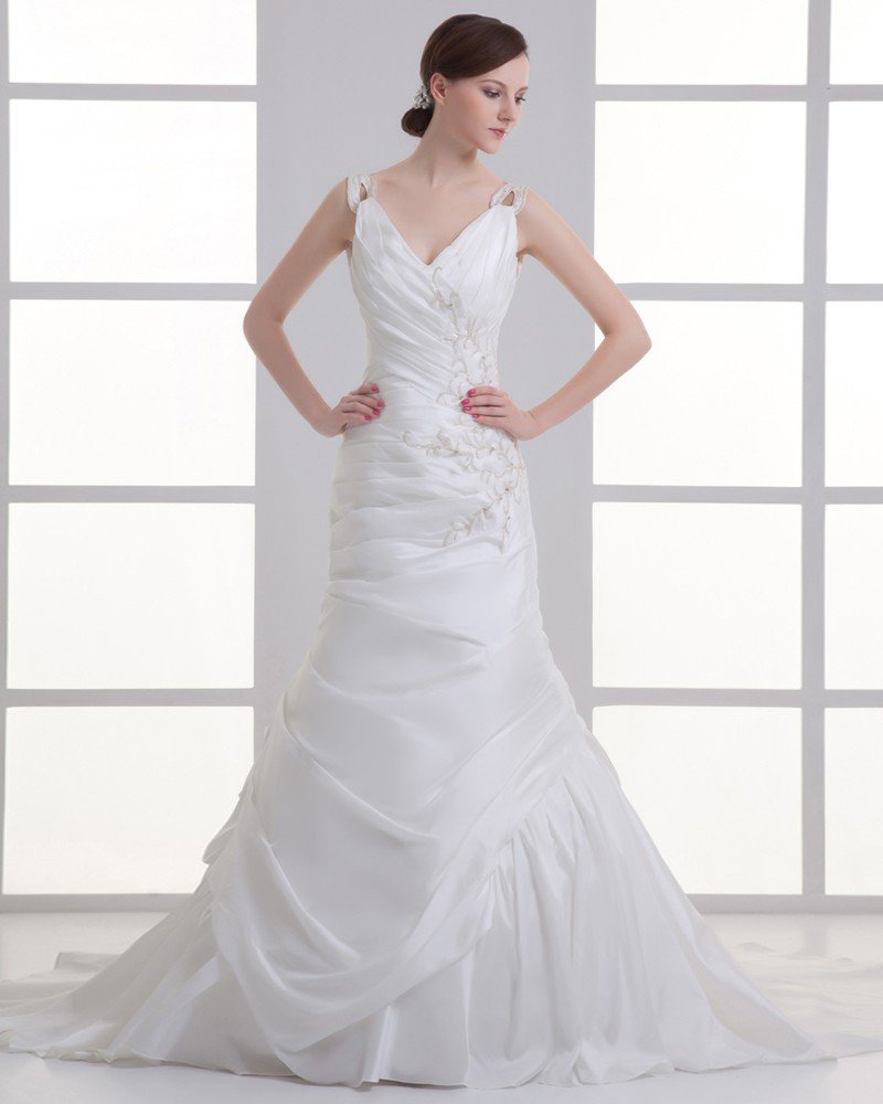 Taffeta Applique Beading V Neck Court Train Mermaid Wedding Dress