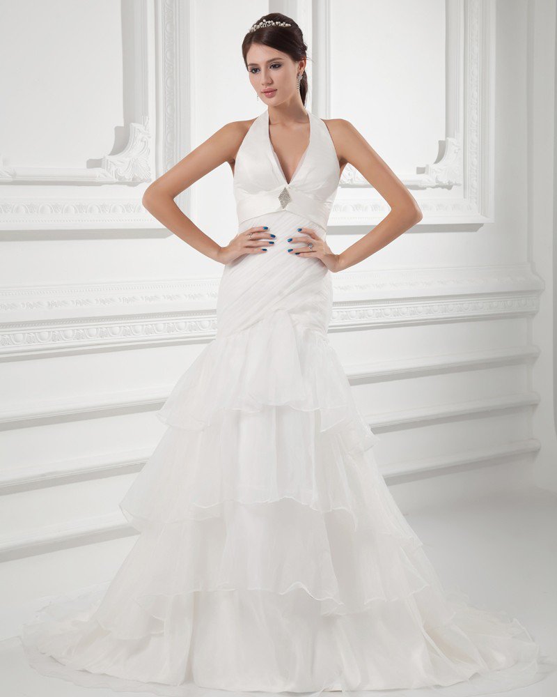 Organza Ruffle Halter Court Train Tiered Mermaid Wedding Dress