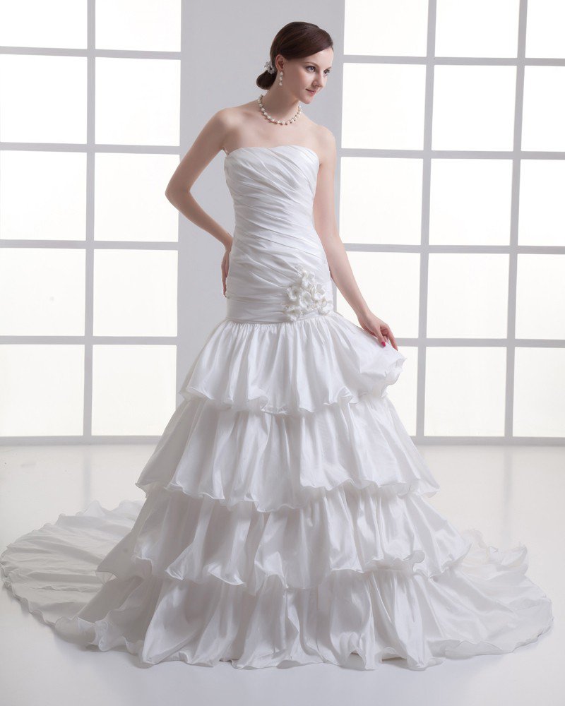 Taffeta Ruffle Flower Strapless Court Train Tiered Mermaid Wedding Dress