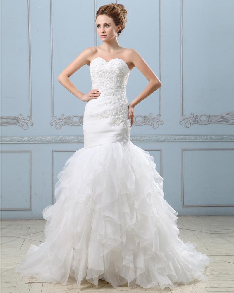 Ruffle Applique Beading Satin Organza Zipper Mermaid Wedding Dress