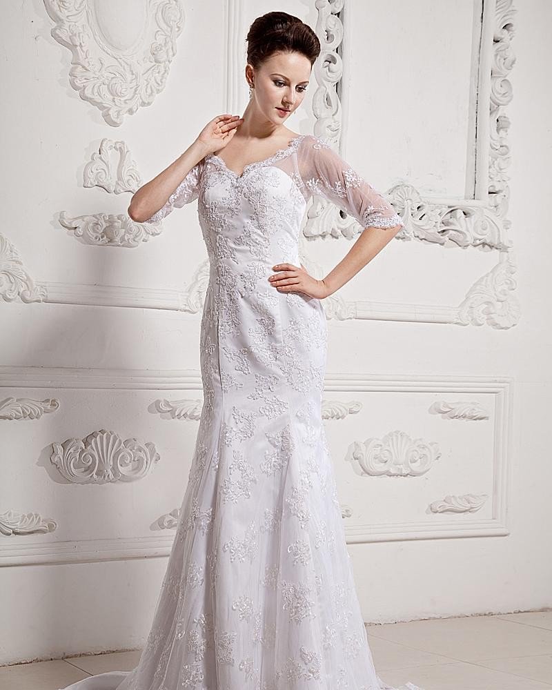 Lace Court Mermaid Bridal Gown Long Sleeve Wedding Dress