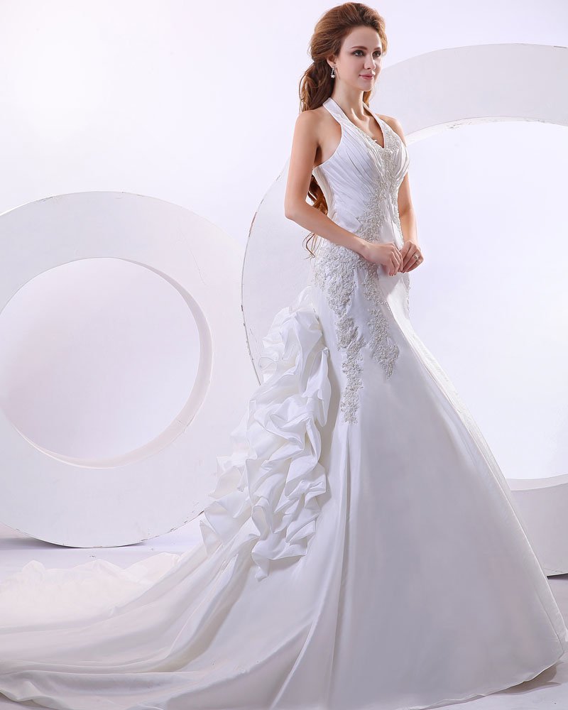 Beautiful Taffeta Beading Applique Halter Monarch Train Mermaid Wedding Dress