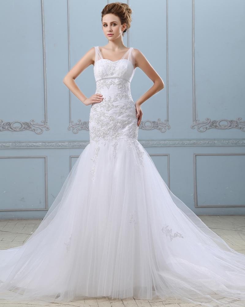 Ruffle Applique Single Breasted Back Satin Grenadine Mermaid Wedding Dress