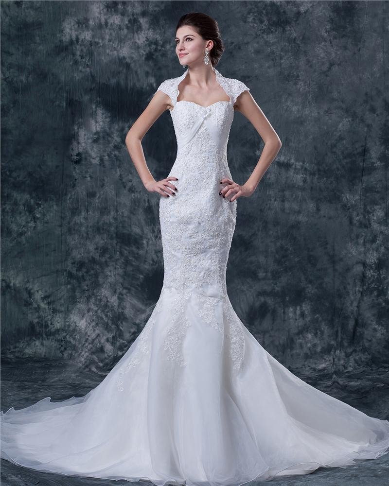 Satin Lace Embroidery Sweetheart Cathedral Train Mermaid Wedding Dresses