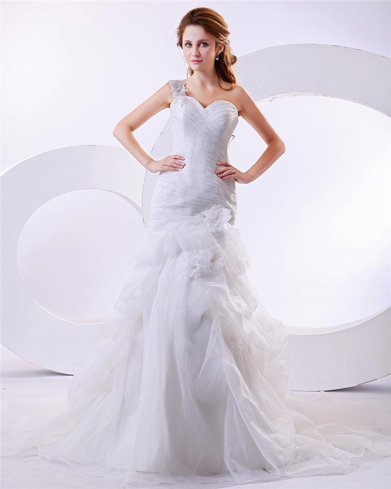 Organza Ruffle Flower One Shoulder Cathedral Train Mermaid Wedding Dresses