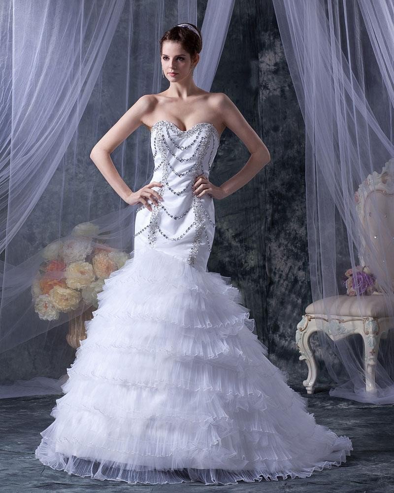Satin Yarn Beading Ruffle Sweetheart Cathedral Train Mermaid Wedding Dresses
