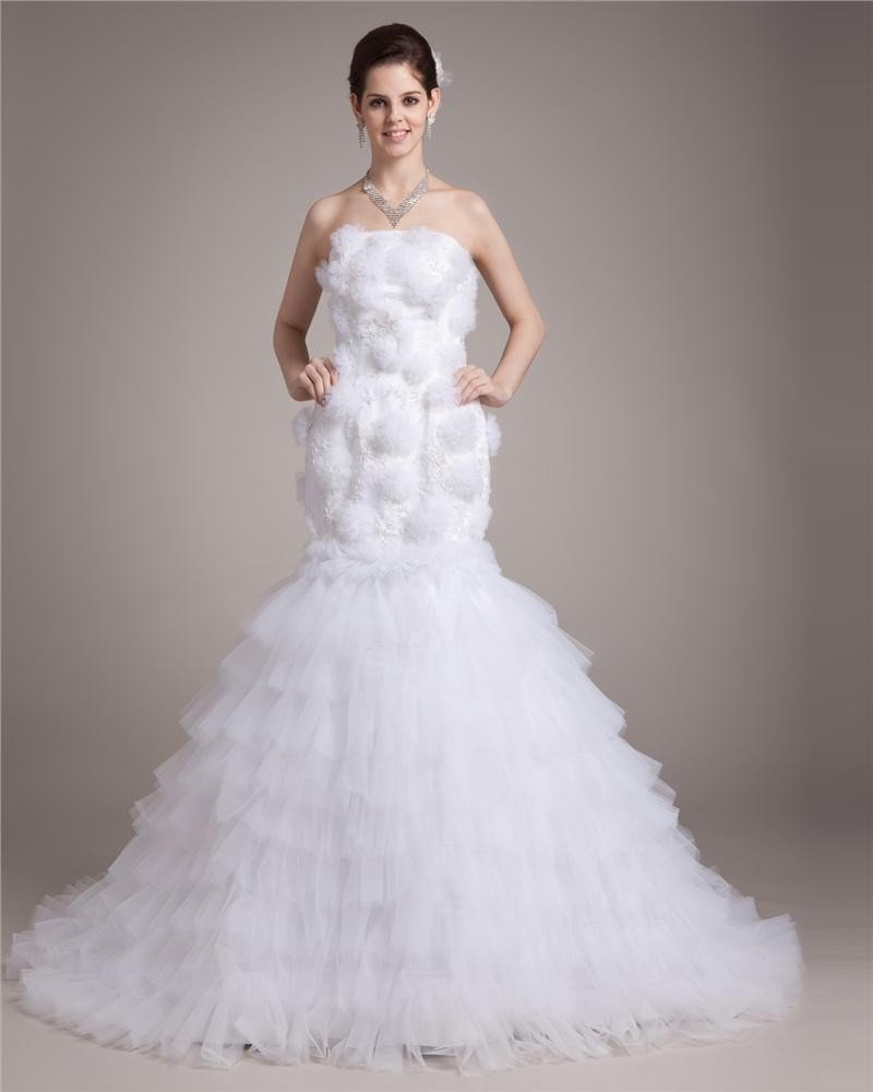 Strapless Floor Length Flower Satin Yarn Women Mermaid Wedding Dress