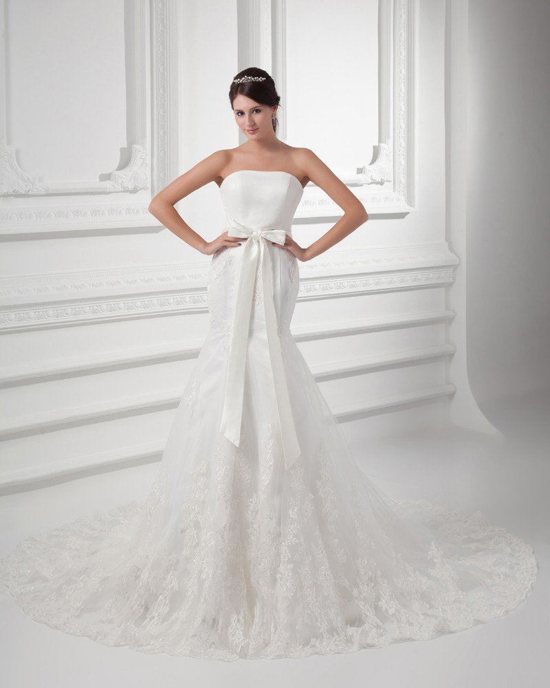 Tulle Applique Beading Bow Strapless Court Train Mermaid Wedding Dress