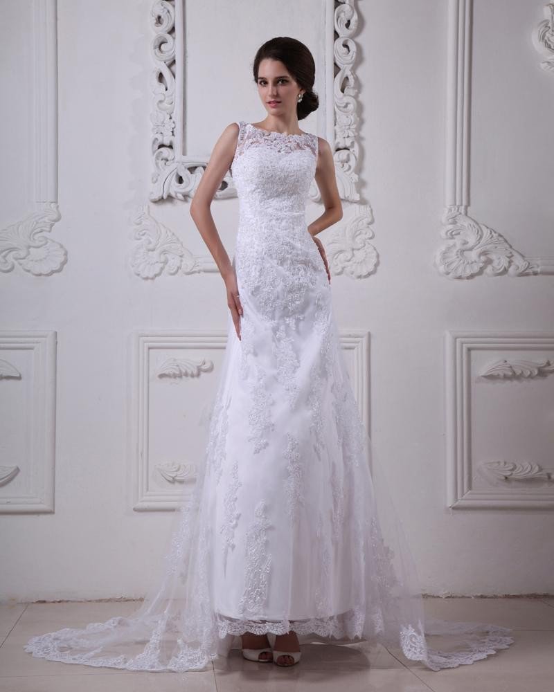 Satin Lace Round Neck Sweep Mermaid Bridal Gown Wedding Dress