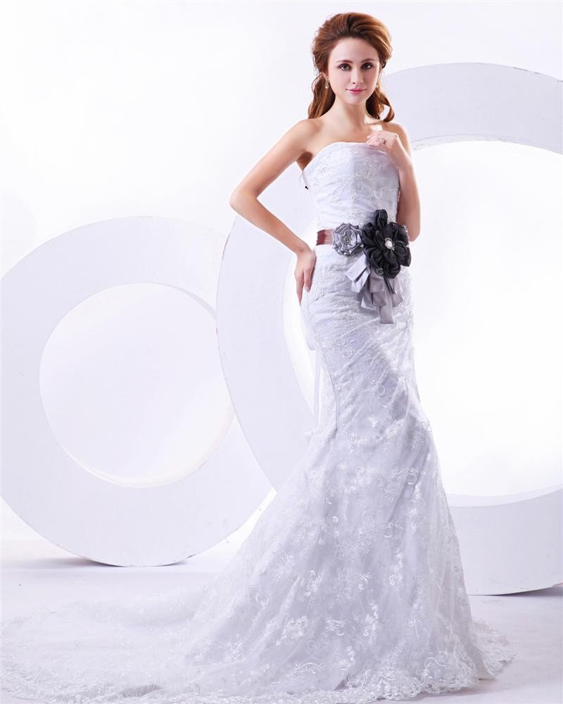 Lace Flowers Sweetheart Mermaid Chapel Train Wedding Dress