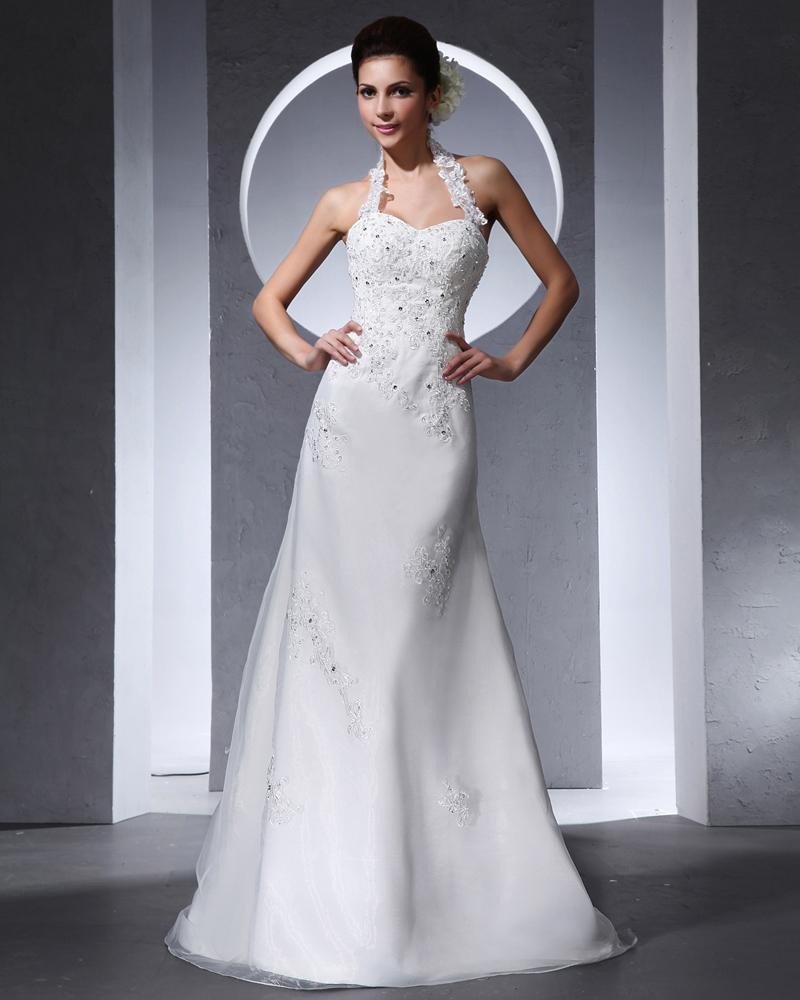 Halter Applique Beading Floor Length Organza Tulle Woman Mermaid Wedding Dress