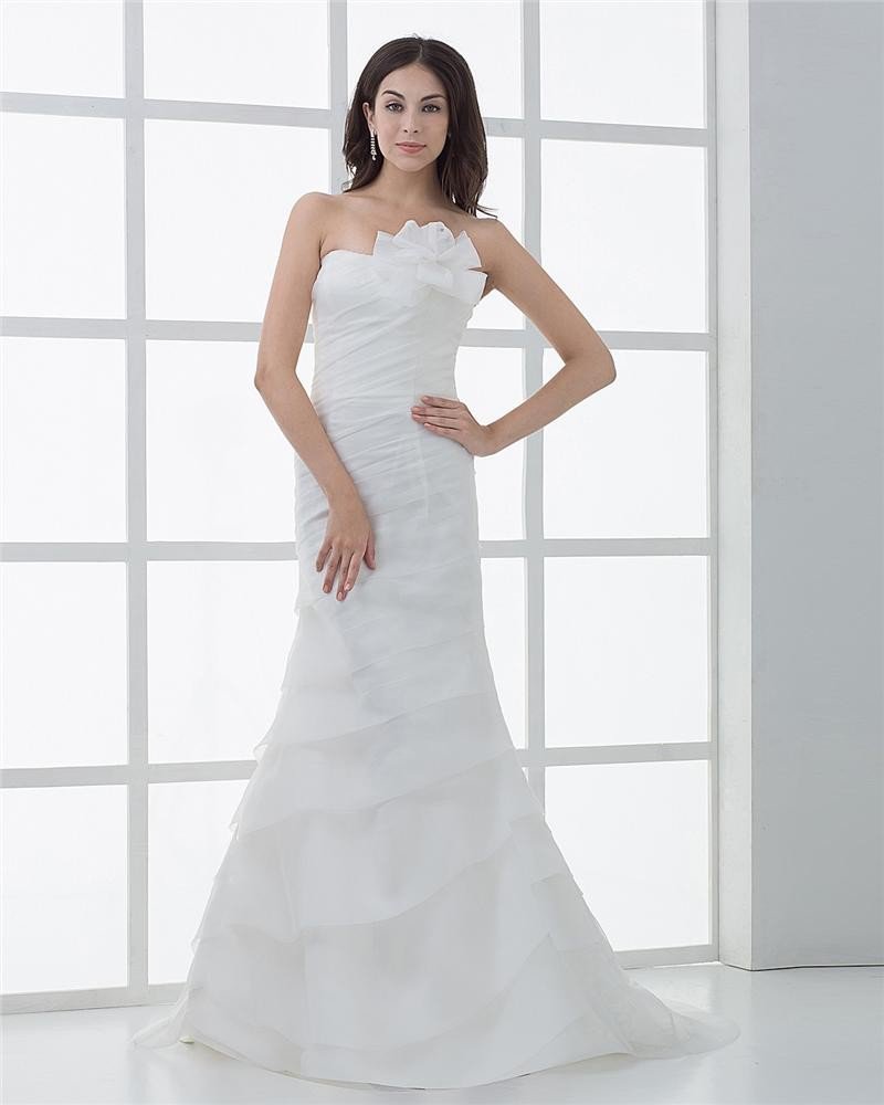 Satin Pleat Flowers Cathedral Train Mermaid Wedding Dresses