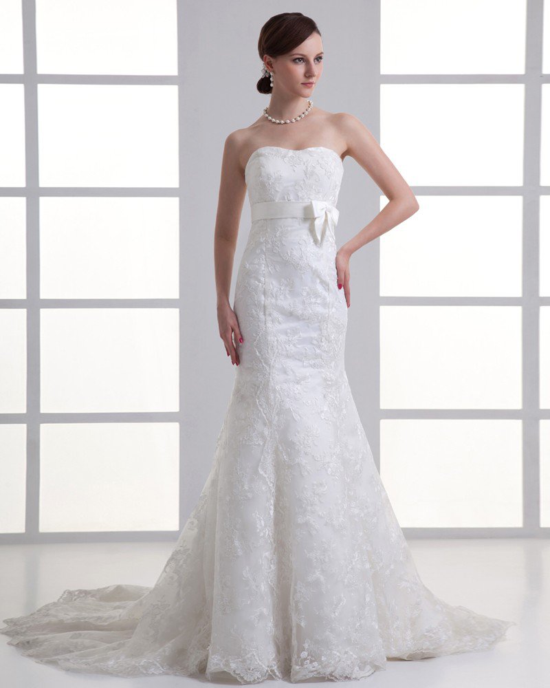 Tulle Flower Bow Sweetheart Court Train Mermaid Wedding Dress