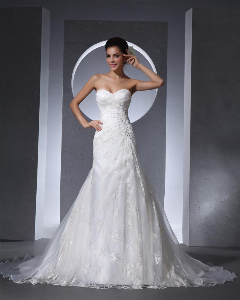 Sweetheart Floor Length Beading Lace Organza Chapel Train Women Mermaid Wedding Dress