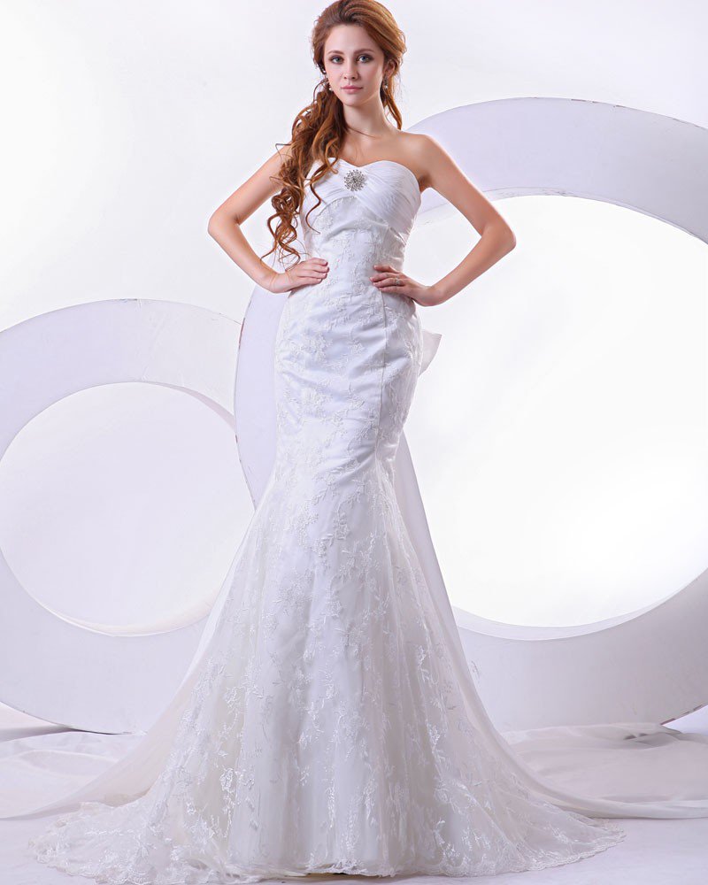 Satin Lace Pleat Beading Sweetheart Mermaid Chapel Train Wedding Dress