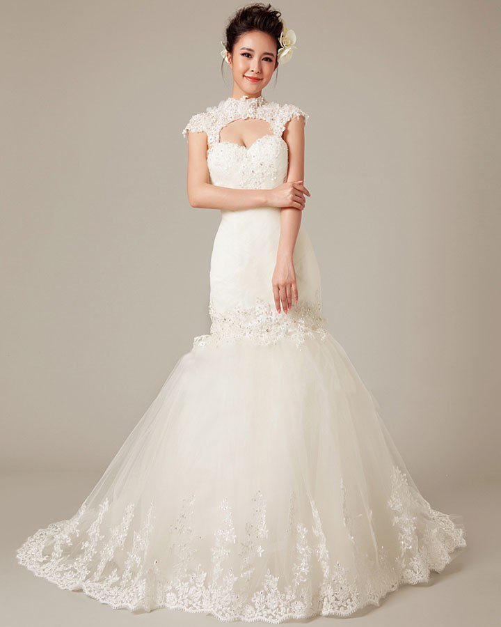 Graceful Applique Beading High Neck Tulle Mermaid Wedding Dress