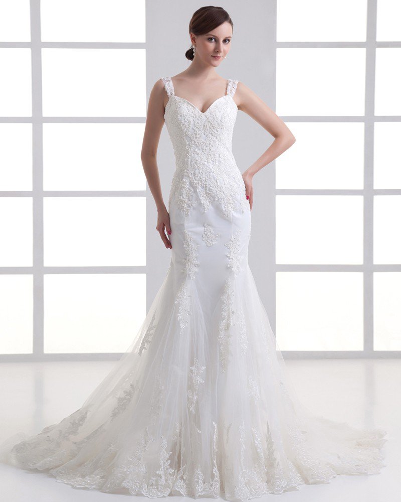 Tulle Ruffle Beading Shoulder Straps Court Train Mermaid Wedding Dress