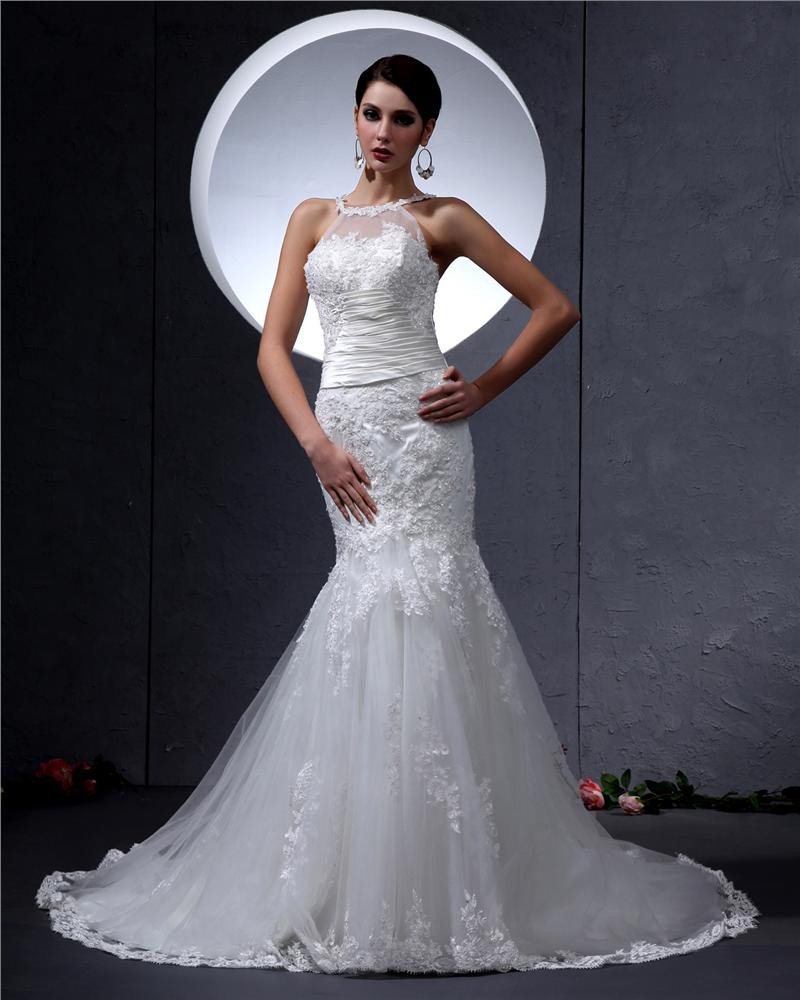 Satin Lace Round Neck Chapel Mermaid Bridal Gown Wedding Dress