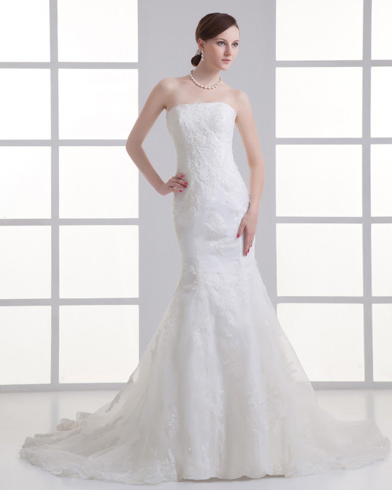 Tulle Applique Beading Court Train Strapless Mermaid Wedding Dress