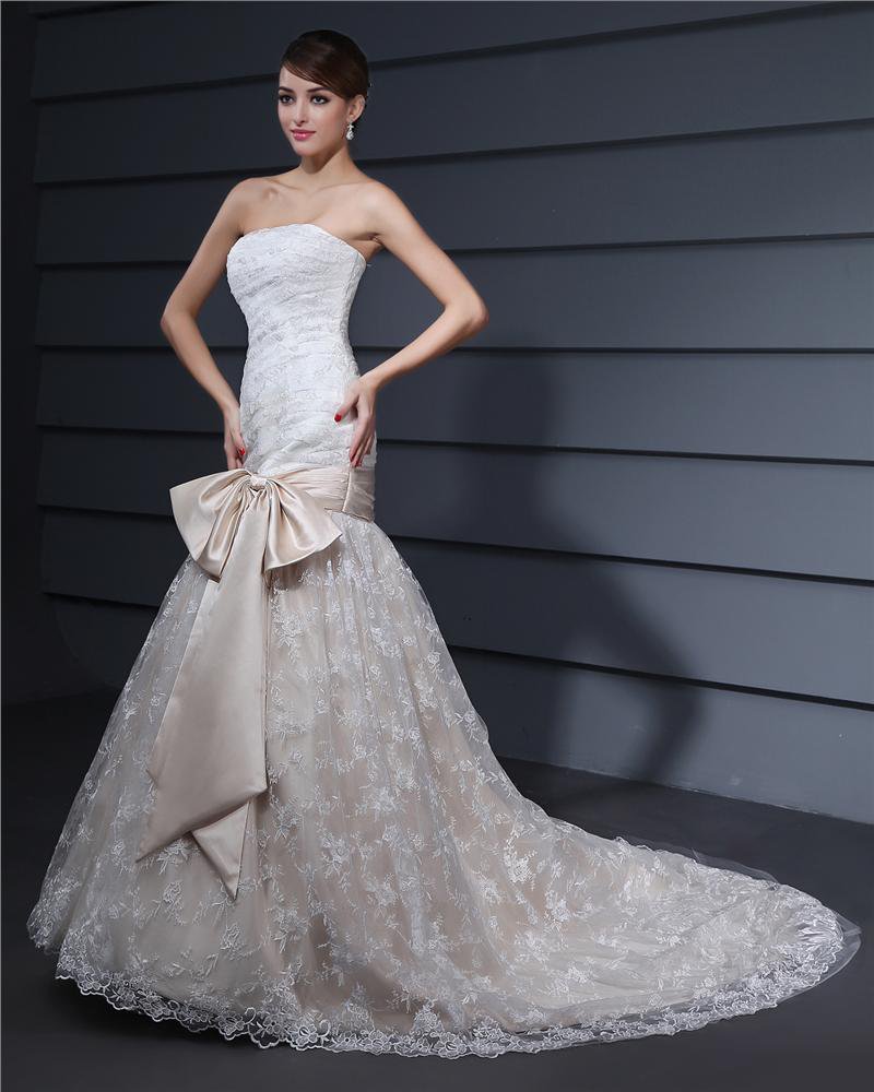 Strapless Bowknot Embroidery Floor Length Lace Woman Mermaid Wedding Dress