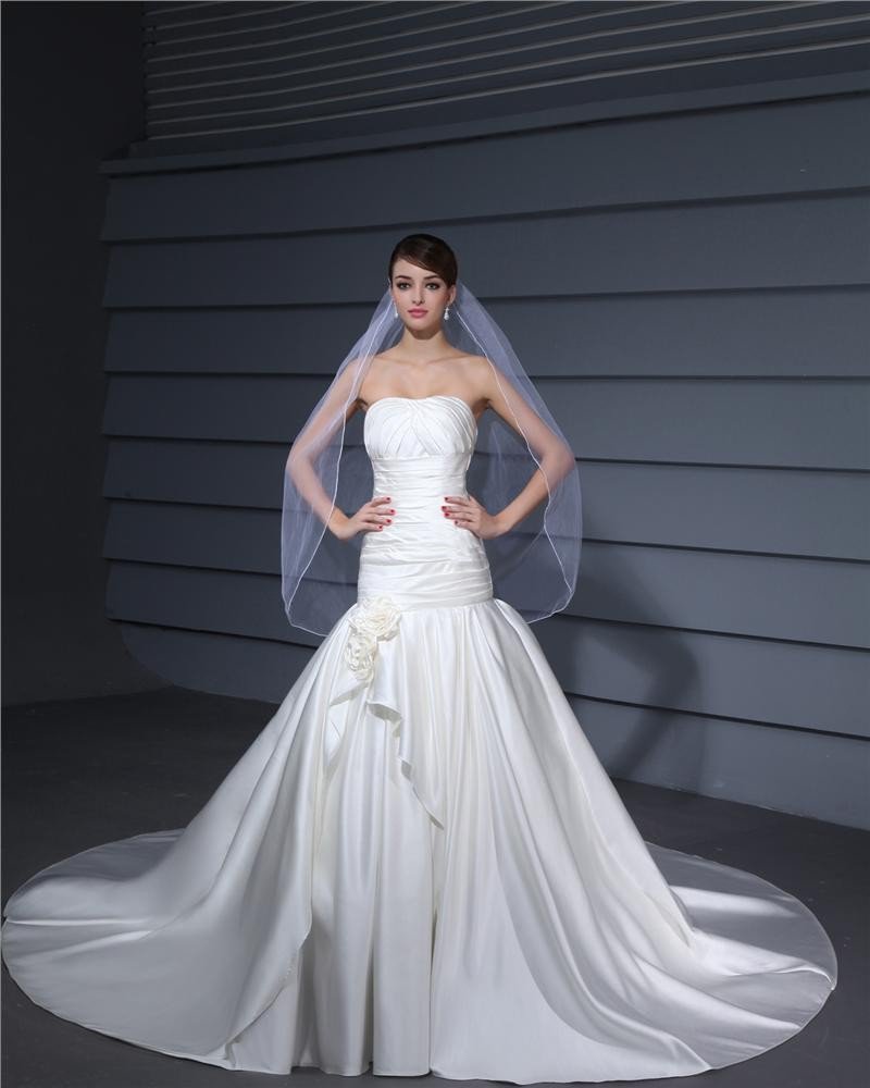 Strapless Pleated Floor Length Charmeuse Woman Mermaid Wedding Dress