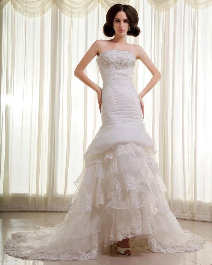 Organza Lace Beading Ruffles Strapless Chapel Train Mermaid Wedding Dress
