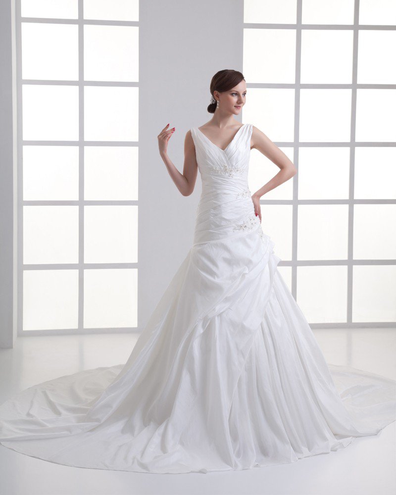 Taffeta Beading Ruffle V Neck Court Train Mermaid Wedding Dress