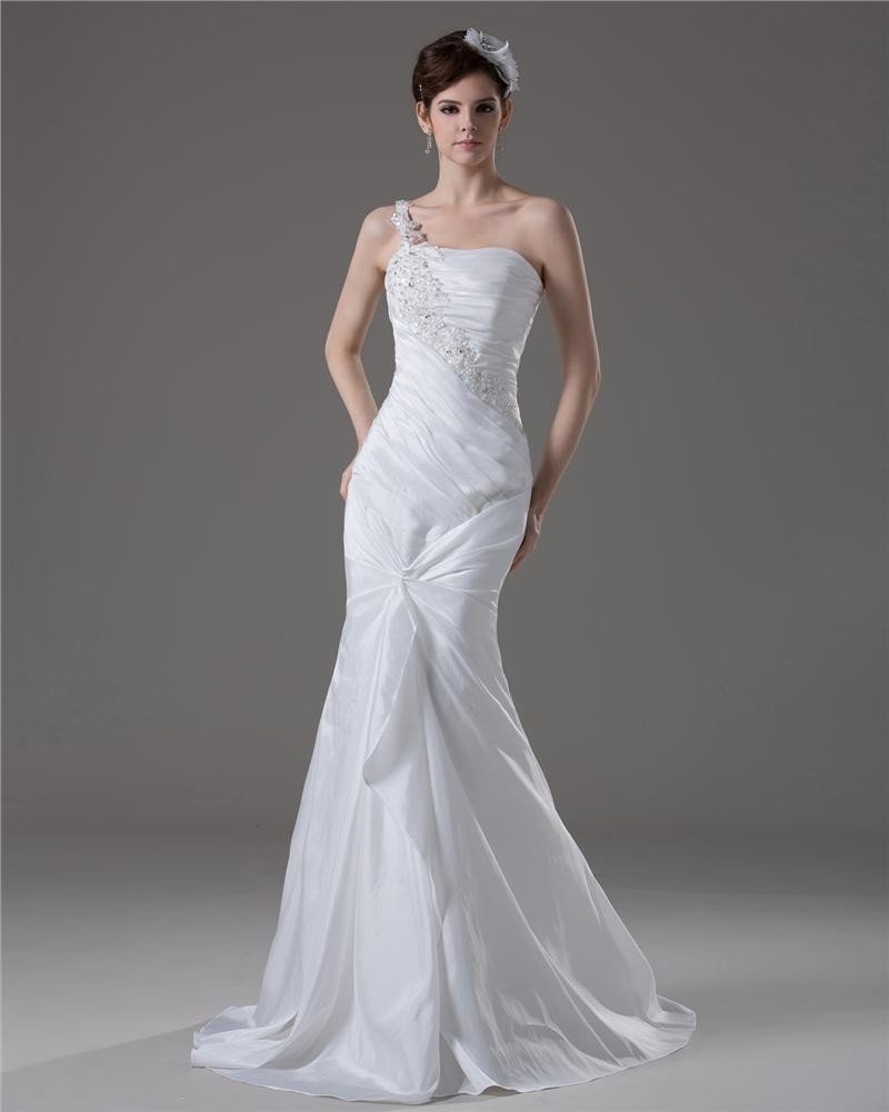 Graceful Beading Ruffles One Shoulder Floor Length Taffeta Mermaid Wedding Dress