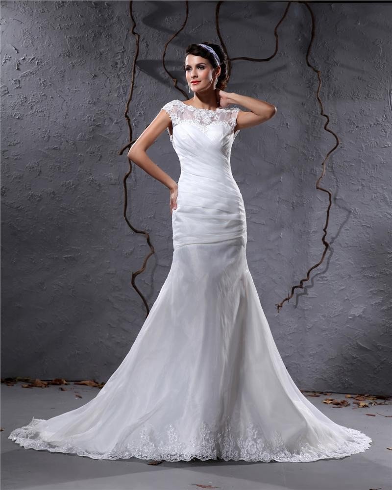 Elegant Yarn Charmeuse Applique Pleated Bateau Floor Length Mermaid Wedding Dress
