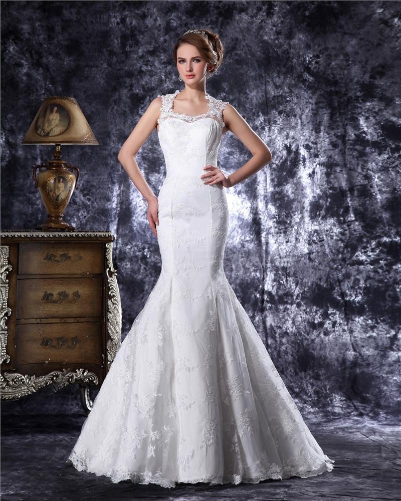 Square Collar Beading Embroidery Lace Mermaid Wedding Dress
