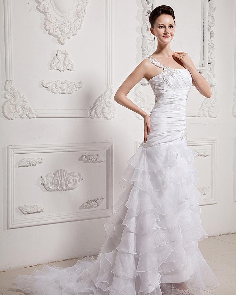 Ruffle Beaded One Shoulder Organza Court Mermaid Bridal Gown Wedding Dresses