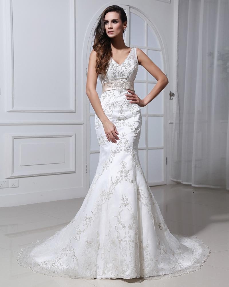 Lace Beading Applique V Neck Court Mermaid Bridal Gown Wedding Dresses