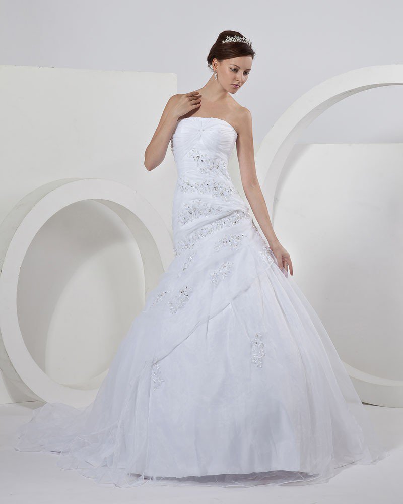 Satin Organza Strapless Beading Applique Ruffles Mermaid Bridal Gown Wedding Dresses