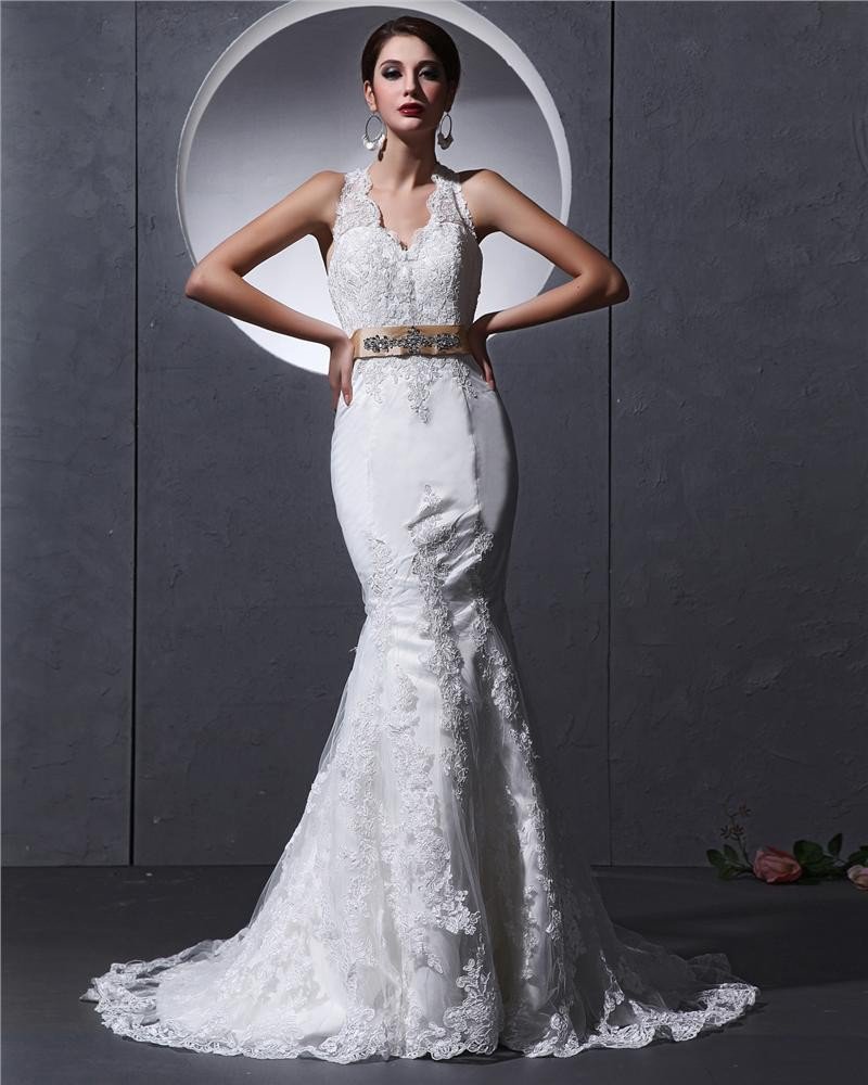 Halter Sleeveless Button Sash Applique Floor Length Lace charmeuse Woman Mermaid Wedding Dress