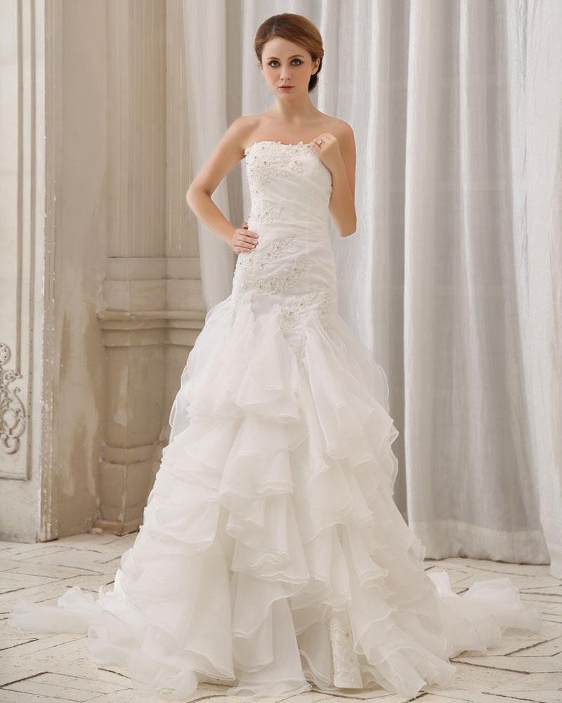 Stylish Slim Embroidery Ruffle Floor Length Strapless Organza Stain Mermaid Wedding Dress