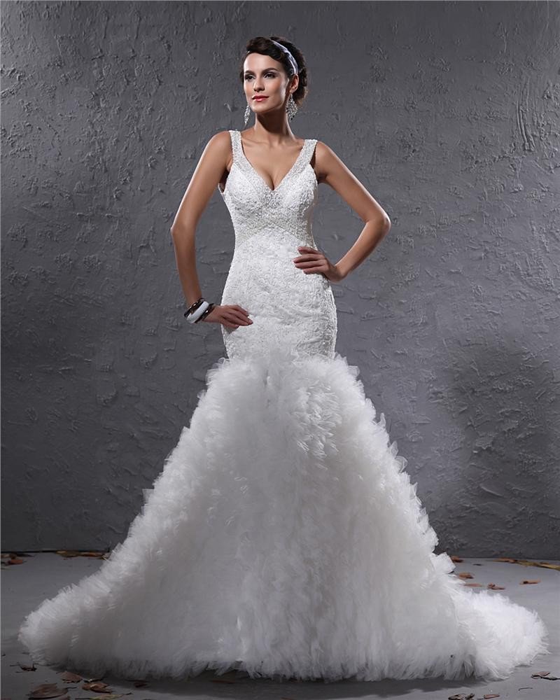 Elegant Yarn Charmeuse Applique Beaded V Neck Floor Length Mermaid Wedding Dress