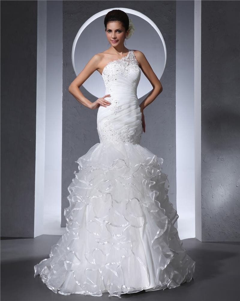 One Shoulder Floor Length Pleated Organza Beading Ruffles Mermaid Wedding Dress