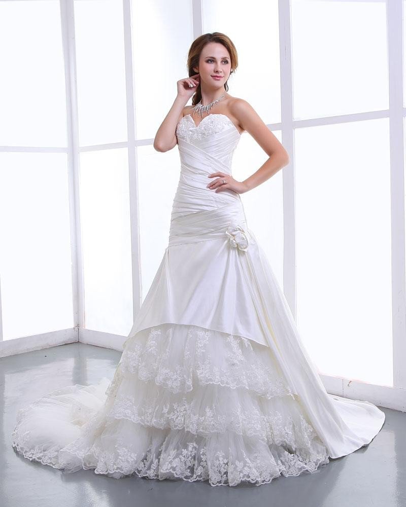 Ruffles Yarn Satin Lace Applique Flowers Sweetheart Cathedral Train Mermaid Wedding Dress