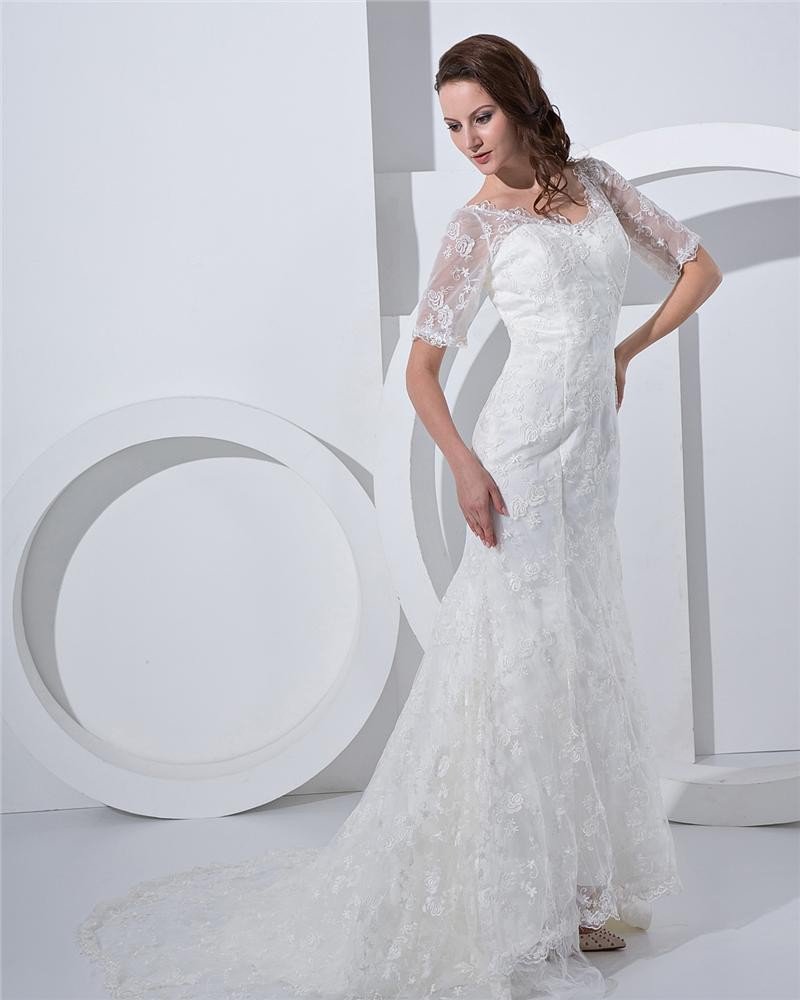 Off-the-shoulder Satin Lace Court Mermaid Bridal Gown Wedding Dress
