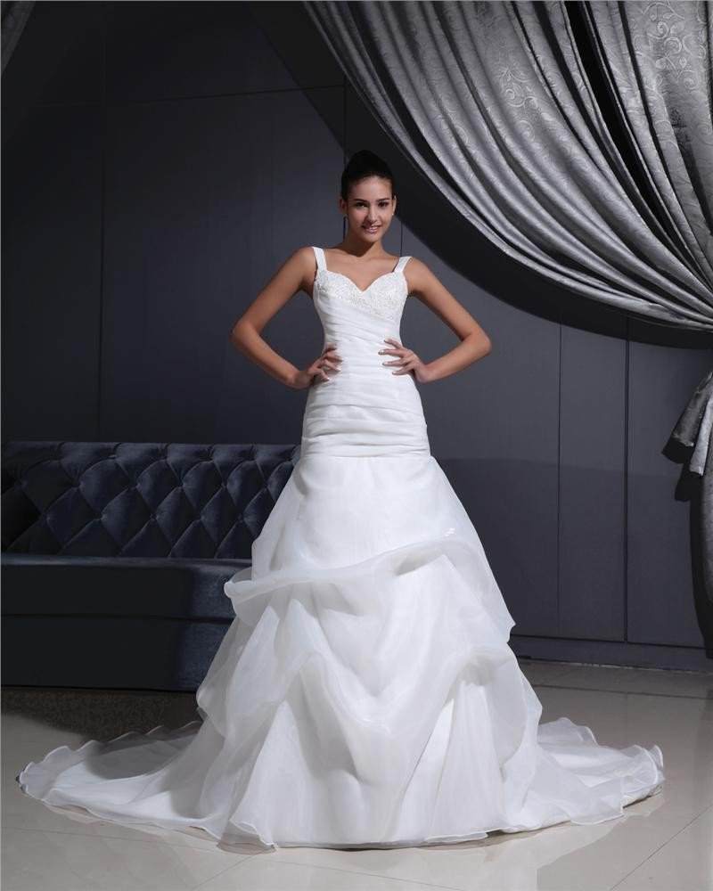 Shoulder Straps Pleated Beading Organza Chapel Train Mermaid Wedding Dress