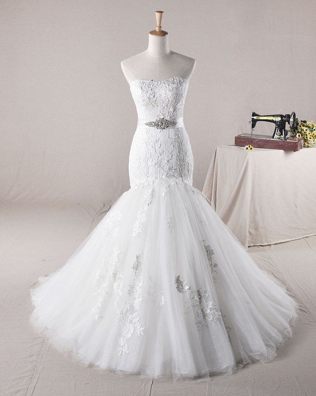 Fahsion Beading Applique Sweetheart Tulle Mermaid Wedding Dress
