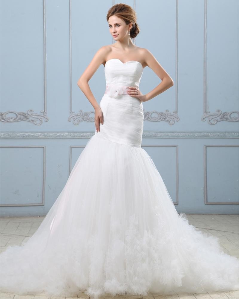Ruffle Handmade Flower Belt Sweetheart Satin Tulle Mermaid Wedding Dress
