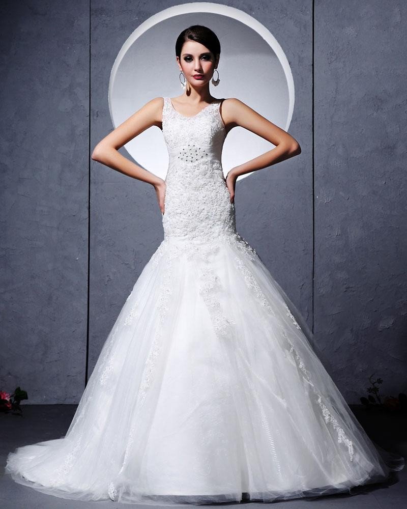 Yarn Satin Lace Applique Cathedral Train Mermaid Wedding Dress