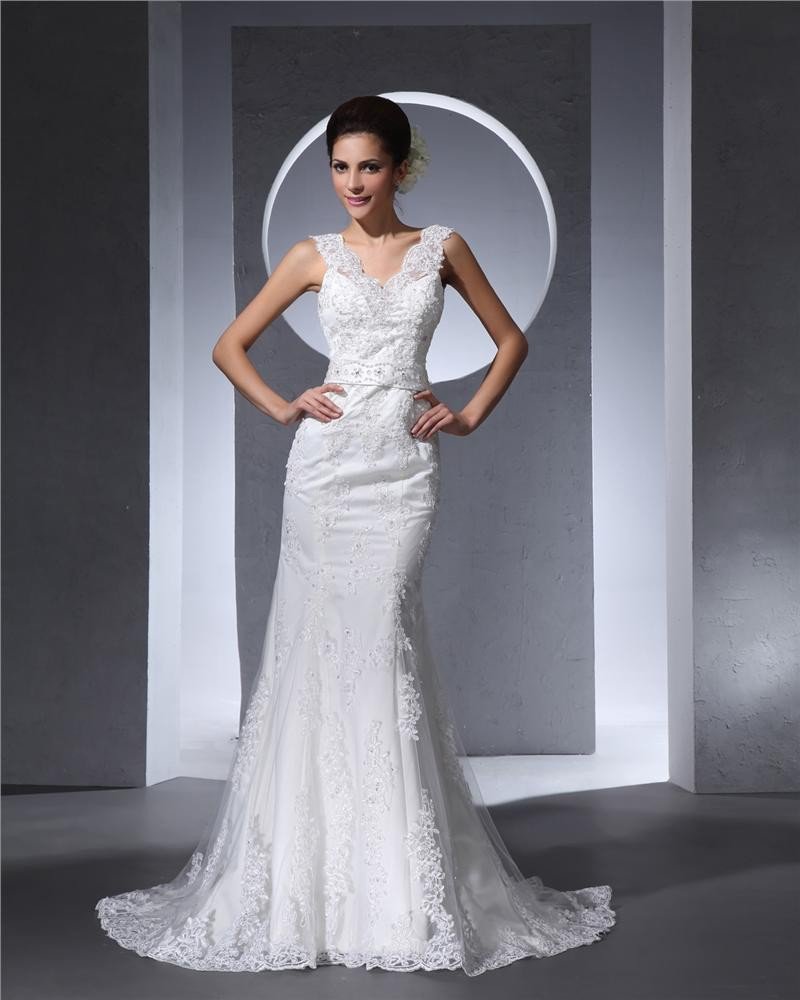 Elegant Floor Length V Neck Beading Lace Satin Women Mermaid Wedding Dress