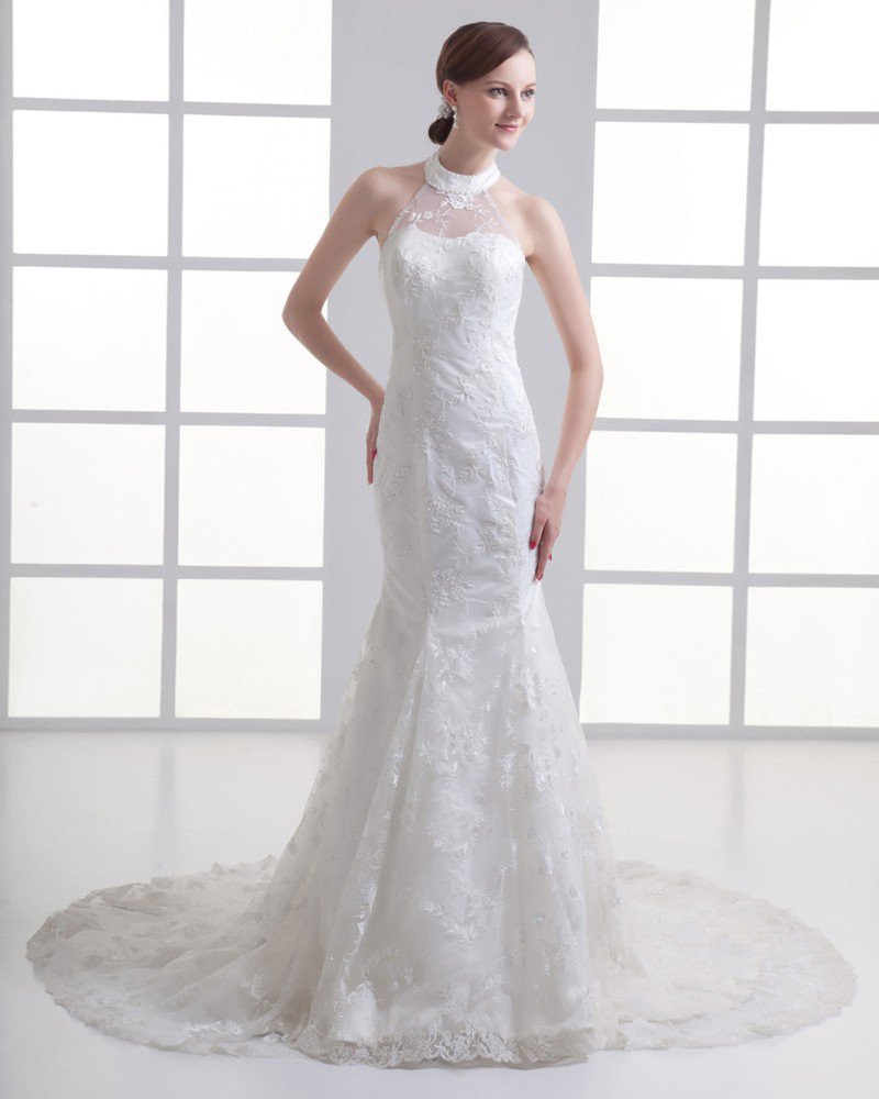 Tulle Applique Beading Jewel Court Train Mermaid Wedding Dress