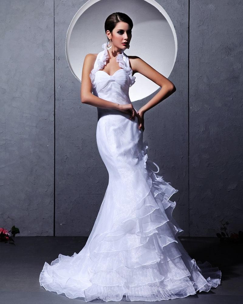 Taffeta Yarn Ruffles Tiered Ruched Halter Chapel Train Mermaid Wedding Dresses